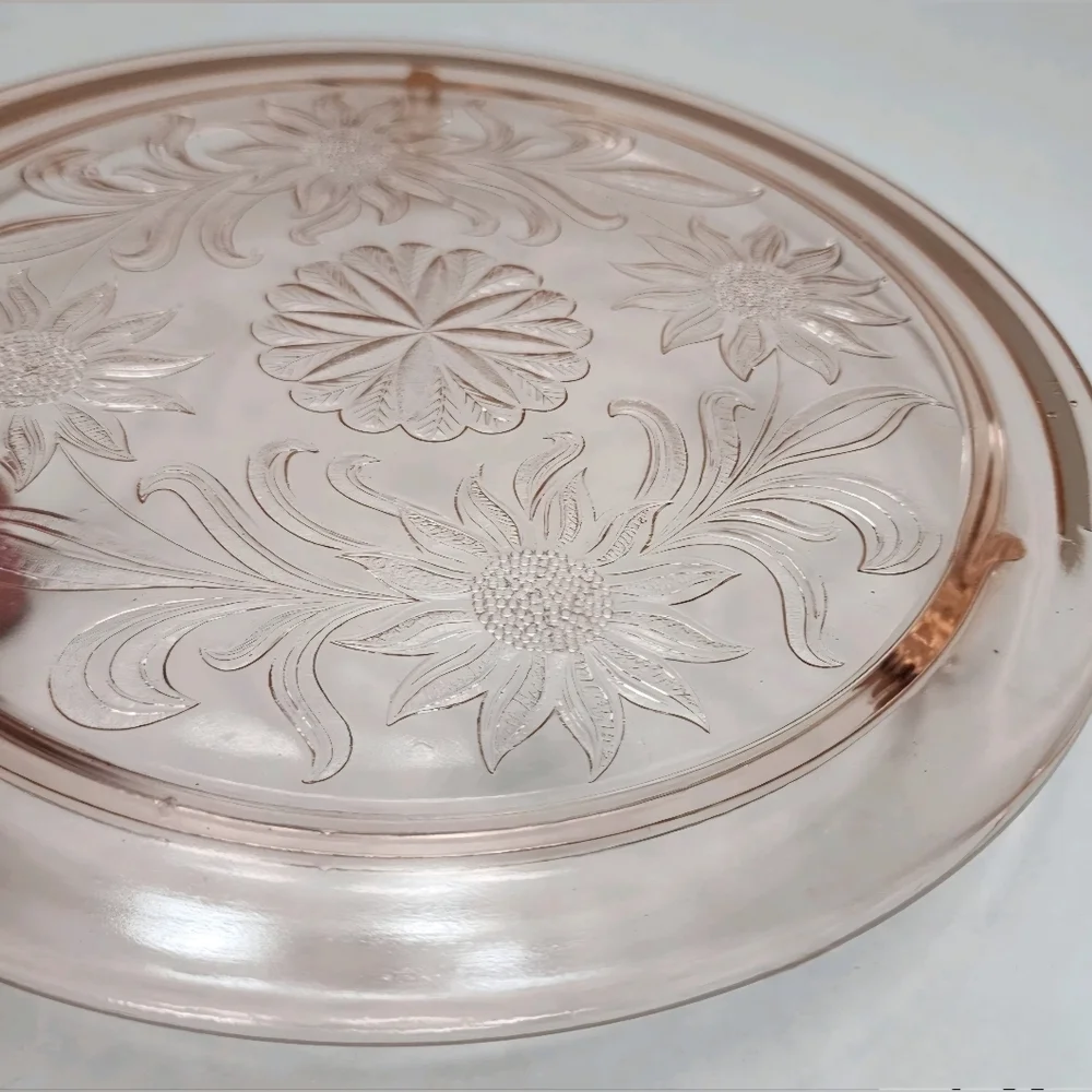 Jeannette Sunflower Style Glass Pink Depression Footed Cake Plate